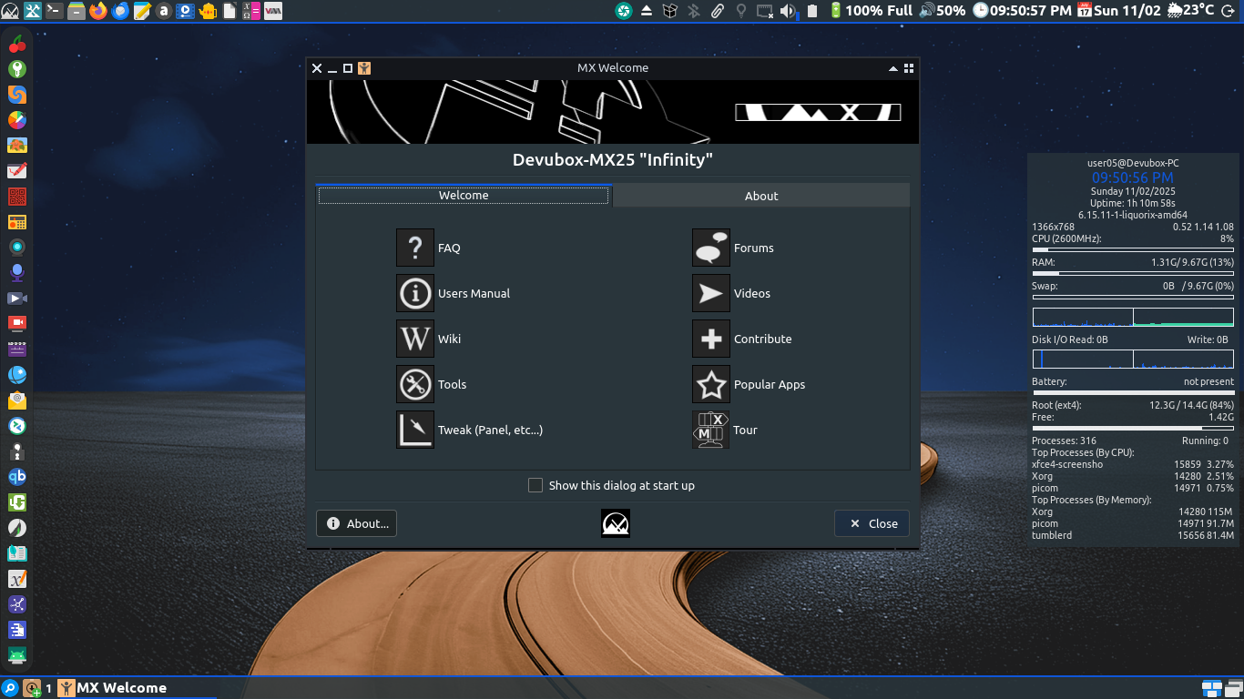 A screenshot of the Devubox-MX desktop, featuring a clean and modern interface with the Openbox window manager, a customized Tint2 panel, and various applications open.