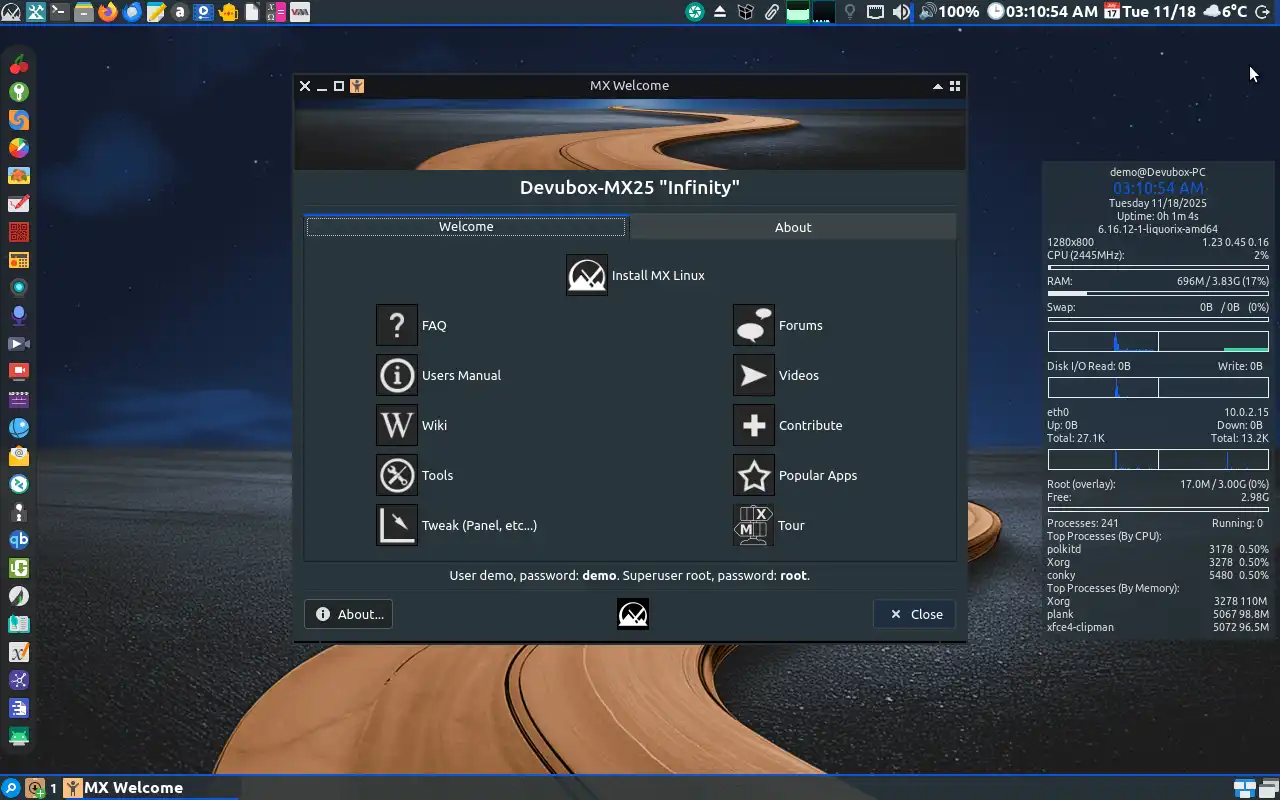 A screenshot of the Devubox-MX desktop, featuring a clean and modern interface with the Openbox window manager, a customized Tint2 panel, and various applications open.